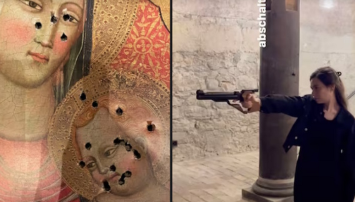 2024 verwendete Sanija Ameti die Reproduktion einer Darstellung der Madonna mit Kind als Zielscheibe für Schießübungen und veröffentlichte auf Instagram Fotos davon. Foto: Social Media