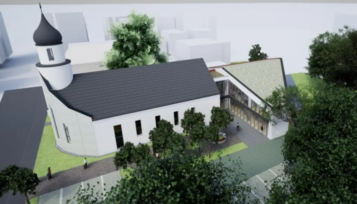 Der Entwurf sieht eine Kirche mit angrenzendem Kulturzentrum vor. Grafik: Kirchengemeinde