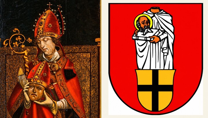 Der Heilige Alban von Mainz – links in einer Darstellung aus dem 16. Jahrhundert, rechts im Wappen von Schkeuditz. Fotos: National Gallery of Art, Washington/Wikipedia