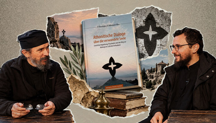 Die Priestermönche Theologos (links) und Athanasie (rechts) im Gespräch (Collage: UOJ)