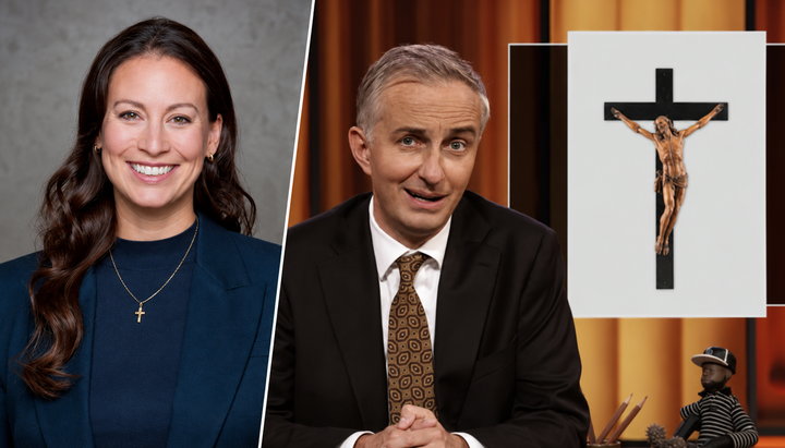 Caroline Bosbach und Jan Böhmermann. KI-gestützte Collage: UOJ; Bildvorlagen: Felix Mayr/CDU Rhein-Berg und Screenshot ZDF.
