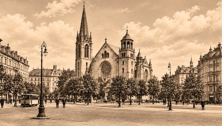 Die serbisch-orthodoxe Gemeinde in Frankfurt am Main begeht am Samstag das 50-jährige Weihejubiläum ihrer Kapelle in der Christuskirche am Beethovenplatz. Foto: Historische Darstellung der alten Christuskirche