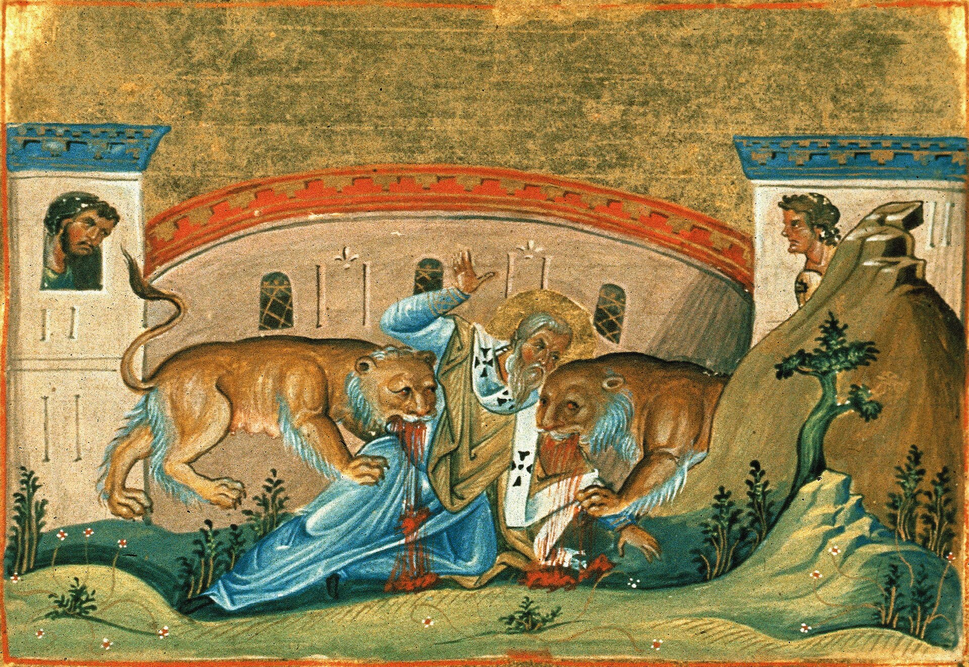 Das Martyrium des heiligen Ignatius zu Rom, Bild aus dem Menologion Kaiser Basilios II. (um 1000 n. Chr.) (Wikimedia Commons)