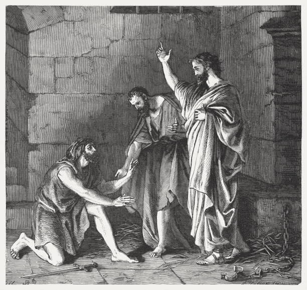 John Sturt, Der Kerkermeister von Philippi (Kupferstich aus Samuel Wesley, The History of the New Testament, London 1701)