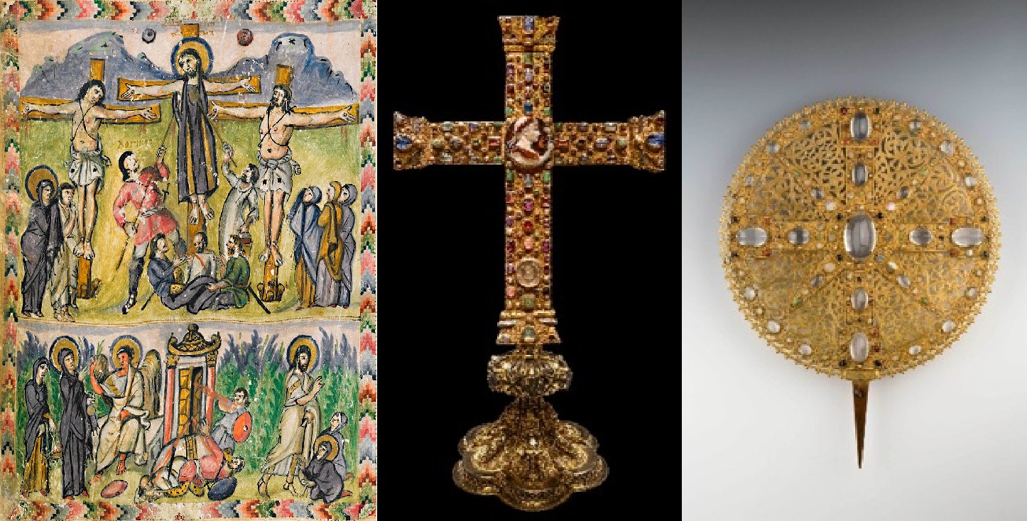 Bild 1: Ikone der Kreuzigung aus dem Rabbula-Kodex, 6. Jhdt. Bild 2: Lotharkreuz benannt nach dem fränkischen Kaiser Lothar, 9. Jhdt. 
Bild 3: Hildesheimer Siegesscheibe