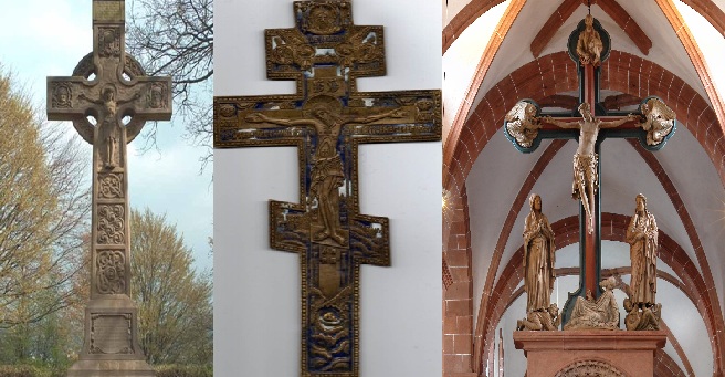 Bild 3: Irisches Hochkreuz. Bild 4: Russisches Kreuz. Bild 5: Triumphkreuz in der Klosterkirche zu Wechselburg, Sachsen.