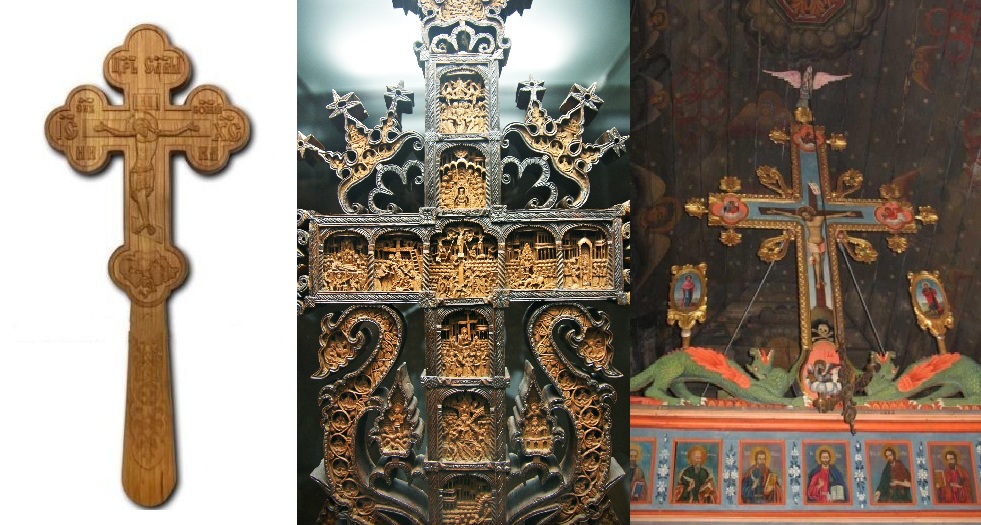 Bild 7: Rumänisches Segenskreuz. Bild 8: Rafail-Kreuz im bulgarischen Rila-Kloster. Bild 9: Drachenkreuz auf einer Ikonostase. Christus wird flankiert von zwei Drachen.