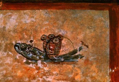 Fisch und Brotkorb – frühchristliche eucharistische Symbolik. Fresko aus der Lucina-Krypta in den Katakomben des heiligen Calixtus in Rom, 3. Jahrhundert. Quelle: Wikimedia Commons. Gemeinfrei.